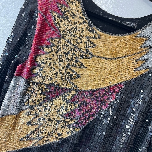 Vintage Megere Beaded Silk Black Yellow Abstract Design Formal Tunic Blouse - Picture 5 of 5